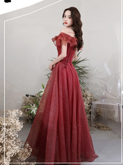 Lovely Wine Red Off Shoulder Tulle with Beadings Party Dress, Wine Red Long Prom Dress