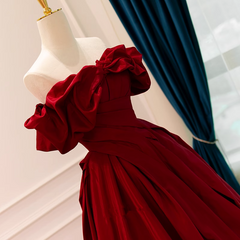Wine Red Satin Off Shoulder Long Party Dress, A-line Wine Red Sweetheart Formal Dress