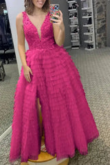 V-Neck Applique Ruffle A-Line Prom Dress with Slit