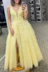 V-Neck Applique Ruffle A-Line Prom Dress with Slit