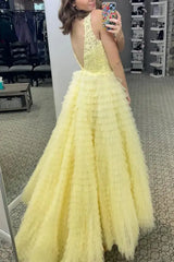 V-Neck Applique Ruffle A-Line Prom Dress with Slit