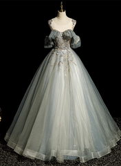 Green Tulle Off Shoulder Ball Gown Beaded Sweet 16 Dress, Green Tulle Formal Dress