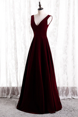 Wine Red Velvet V-neckline Simple Long Party Dress, Wine Red Bridesmaid Dress
