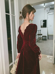 Wine Red Velvet Long Sleeves Party Dress, Wine Red V-neckline Prom Dress Evening Dress