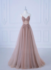 Pink V-neckline Beaded Straps Long Party Dress, A-line Pink Tulle Floor Length Prom Dress