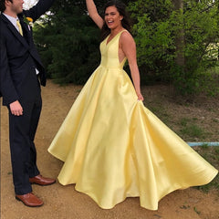 A Line V Neck Yellow Prom Dresses, Yellow V Neck Formal Graduatio Evening Dresses