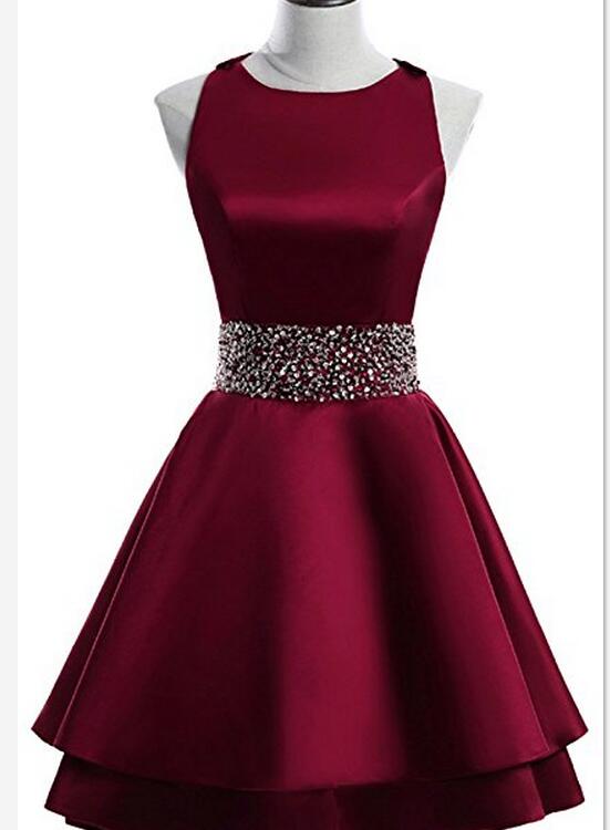 Dark Red Satin Short Two Layered Homecoming Dress, O-neckline Party Dress, Short Formal Dress