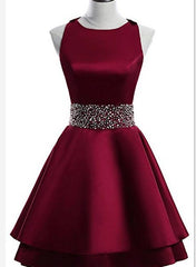 Dark Red Satin Short Two Layered Homecoming Dress, O-neckline Party Dress, Short Formal Dress