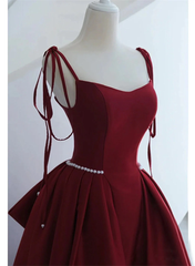 Wine Red Satin Straps Long Party Dress, Wine Red Floor Length Formal Dress Prom Dress