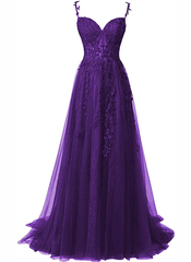 Chic Purple Sweetheart Straps Long Tulle Party Dress, Purple Long Evening Dress