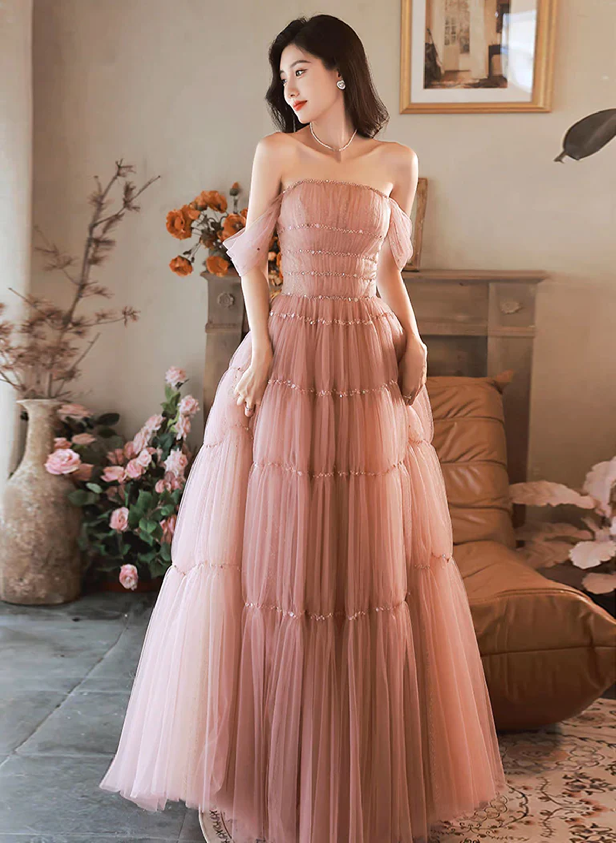 Pink Tulle Off Shoulder Long Party Dress, A-line Pink Beaded Prom Dress