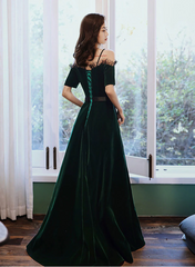 Green Off Shoulder Velvet Long Party Dress, Sweetheart Velvet Prom Dress Evening Dress