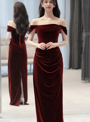 Wine Red Off Shoulder Scoop Long Party Dress, Wine Red Velvet Prom Dress