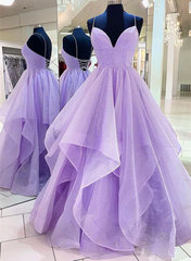 Lavender Tulle Long A-Line Prom Dress, Lavender Beautiful Spaghetti Strap Evening Dress