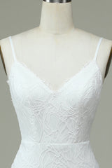 White Mermaid Spaghetti Straps Backless Wedding Dress with Lace V-neck
