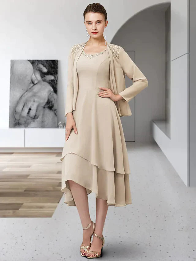 Two Piece A-Line Mother of the Bride Dress Elegant Jewel Neck Asymmetrical Chiffon Sleeveless with Ruffles Tier Appliques