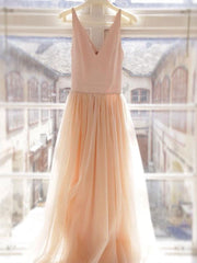 Custom Made A Line V Neck Champagne Tulle Prom Dresses, Champagne Wedding Dresses, A Line V Neck Graduation Dresses