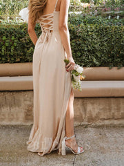 A-line Square Neck Ruffle Satin formal dresses Bridesmaid Dresses evening gown Prom Dress with Slit