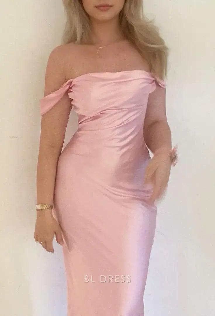 Mermaid Off The Shoulder Satin Pink formal dresses Bridesmaid Dresses evening gown Prom Dress