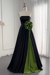 Strapless Black Satin Slit Prom Dress with Floral