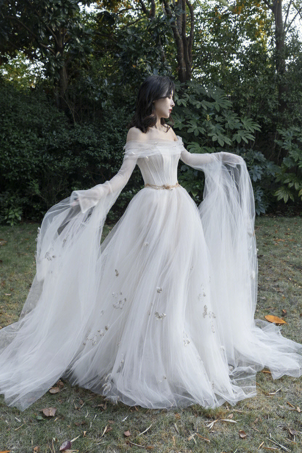 Ivory Tulle Long Sleeve Prom Dress, A-Line Evening Dress with Butterfly