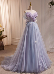 Light Purple Beaded Off Shoulder Long Tulle Formal Dress, Light Purple Prom Dress
