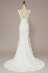 White Mermaid Square Neck Long Dress Backless Wedding Dress