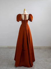 A-line Satin Long Party Dress, Short Sleeves Satin Prom Dress Evening Dress