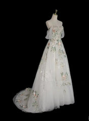 White Tulle with Floral Lace Off Shoulder Party Dress, White Tulle Prom Dress