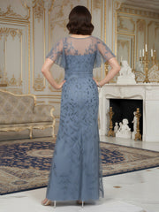 Sheath Gown with Illusion Neck and Flutter Sleeves Dusty Blue