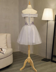 Light Grey Formal Dress, Off Shoulder Knee Length Prom Dress, Party Dress