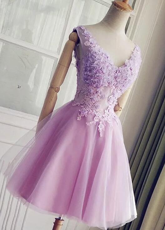 Lavender Short Lovely Floral and Applique Homecoming Dress, Charming Prom Dress