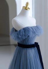 Blue Tulle A-line Off Shoulder Long Party Dress, Blue Scoop Prom Dress Evening Dress