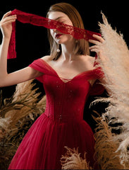 Off Shoulder Tulle Long Party Dress, Beaded Tulle A-line Evening Dress Prom Dress