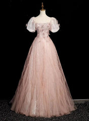 Pink Short Sleeves Tulle Sequins Long Party Dress, Pink Tulle Prom Dress