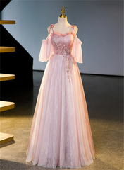 Pink Off Shoulder Tulle with Beadings Long Party Dress, A-line Pink Prom Dress