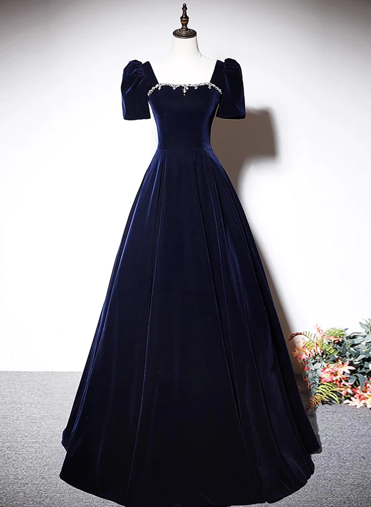 Navy Blue A-line Velvet Long Evening Dress, Short Sleeves Beaded Prom Dress