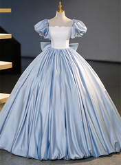 Blue Satin Short Sleeves Long Formal Dress, Blue Satin Sweet 16 Dress