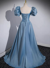 Blue Satin Short Sleeves Long Prom Dress, Blue A-line Party Dress Evening Dress