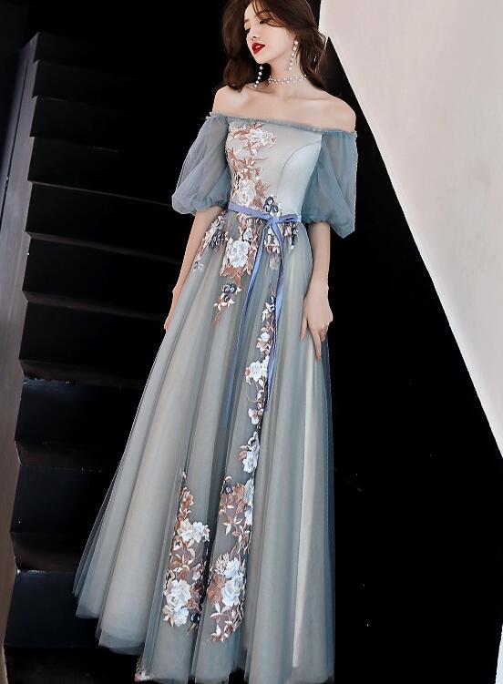 Charming Off Shoulder Tulle long Party Dress, Floral Applique Party Dress