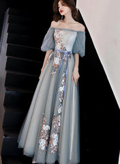Charming Off Shoulder Tulle long Party Dress, Floral Applique Party Dress