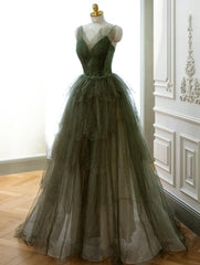 Green Tulle Beaded Straps Long Evening Dress, Green Tulle Prom Dress Party Dress