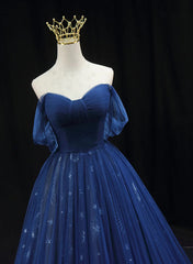 Navy Blue Tulle Sweetheart Long Formal Dress, A-line Navy Blue Evening Dress Prom Dress
