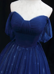 Blue A-line Sweetheart Tulle Long Party Dress, Blue Tulle Evening Dress Prom Dress