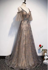 Champagne A-line Straps Lace Low Back Prom Dress, A-line Evening Dress