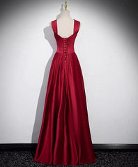 Wine Red Straps Satin Scoop Floor Length Prom Dress, Wine Red Long Evening Dress