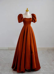 A-line Satin Long Party Dress, Short Sleeves Satin Prom Dress Evening Dress