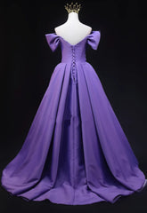 Purple Satin A-line Off Shoulder Long Party Dress, Purple Evening Dress Prom Dress