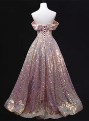 Pink Sequins Off Shoulder A-line Long Prom Dress, Sequins Evening Dress