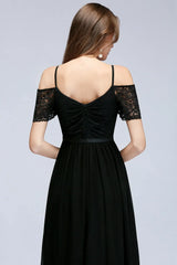 A-line Lace V-Neck Off-the-shoulder Sleeveless Floor-Length Bridesmaid Dresses